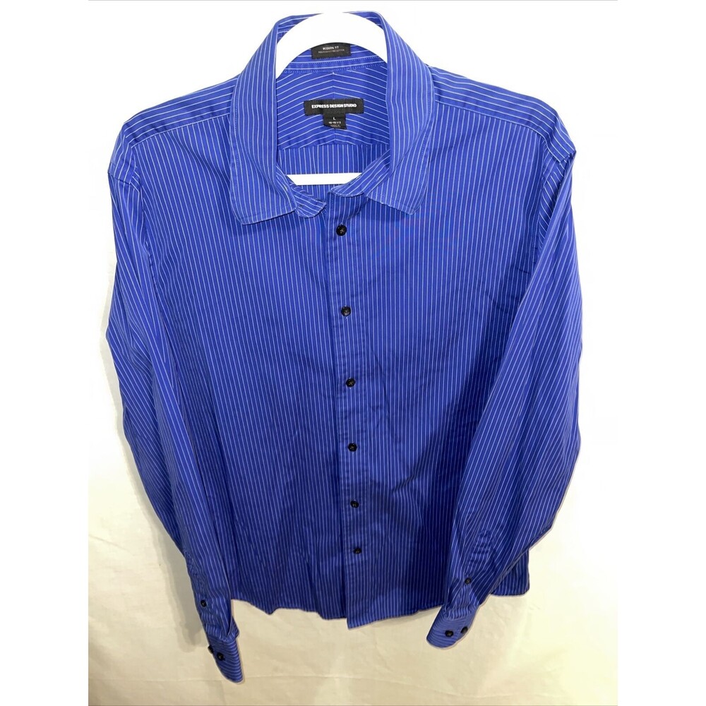 Express Design Studio Dress Shirt Mens Size Large Blue Striped Button Up LS